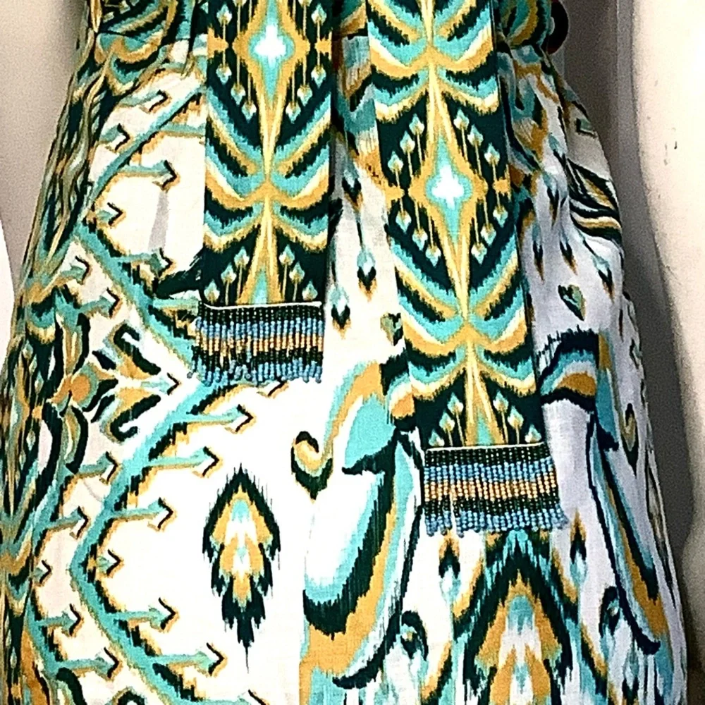 FARM RIO Blue/Greens & Cream Beads Tropical Tapestry Linen Halter Maxi Sundress - Picture 16 of 16